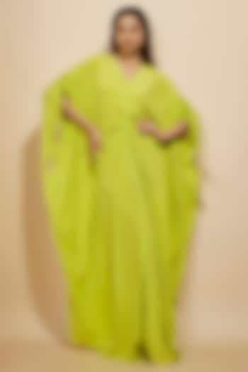 Neon Green Natural Crepe Hand Embellished Kaftan by Masumi Mewawalla at Pernia's Pop Up Shop
