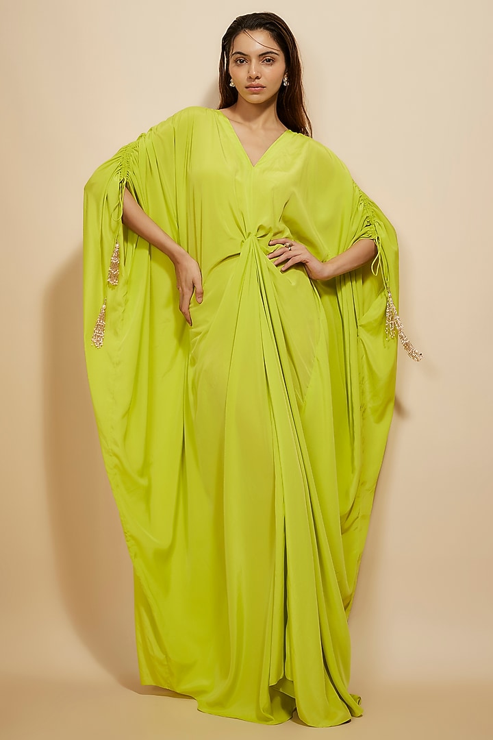 Neon Green Natural Crepe Hand Embellished Kaftan by Masumi Mewawalla at Pernia's Pop Up Shop
