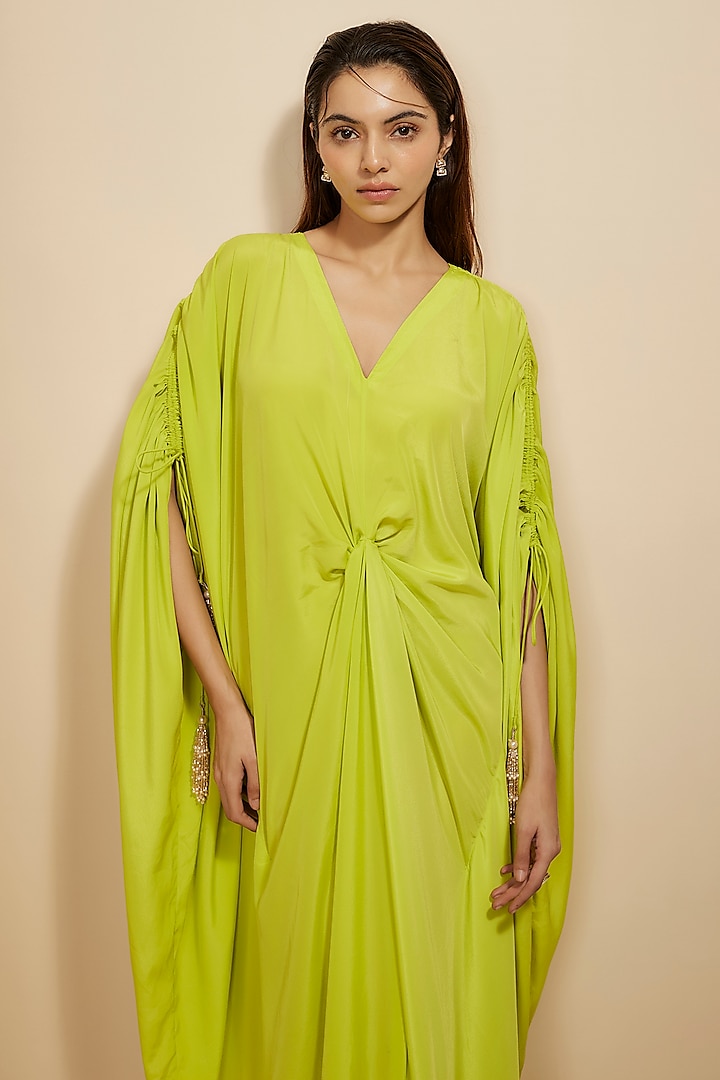 Neon Green Natural Crepe Hand Embellished Kaftan by Masumi Mewawalla at Pernia's Pop Up Shop