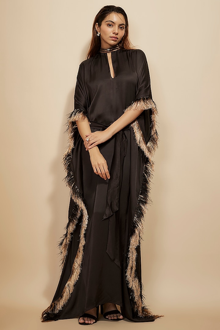 Black Modal Satin Hand Embroidered Kaftan by Masumi Mewawalla at Pernia's Pop Up Shop