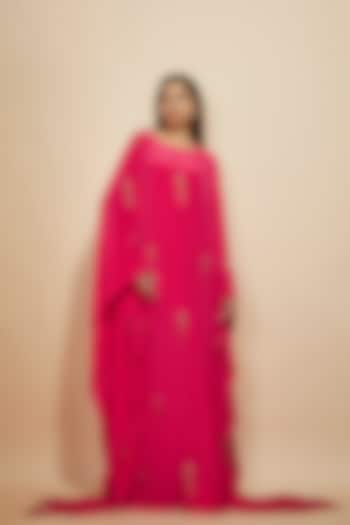 Hot Pink Natural Crepe Hand Embroidered Kaftan by Masumi Mewawalla at Pernia's Pop Up Shop