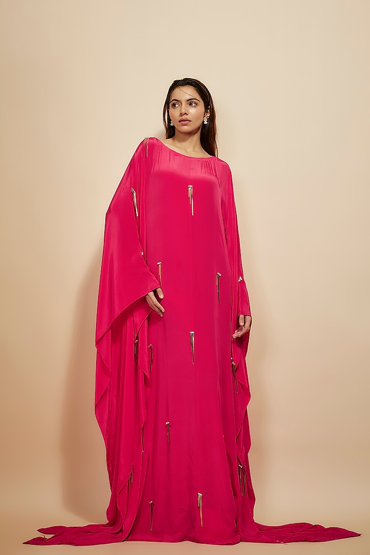 Hot Pink Natural Crepe Hand Embroidered Kaftan by Masumi Mewawalla at Pernia's Pop Up Shop