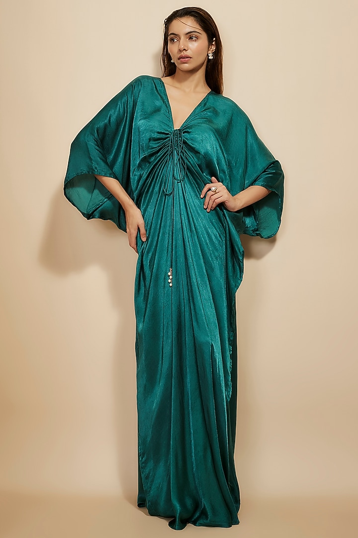 Dark Green Modal Satin Hand Embellished Kaftan by Masumi Mewawalla at Pernia's Pop Up Shop
