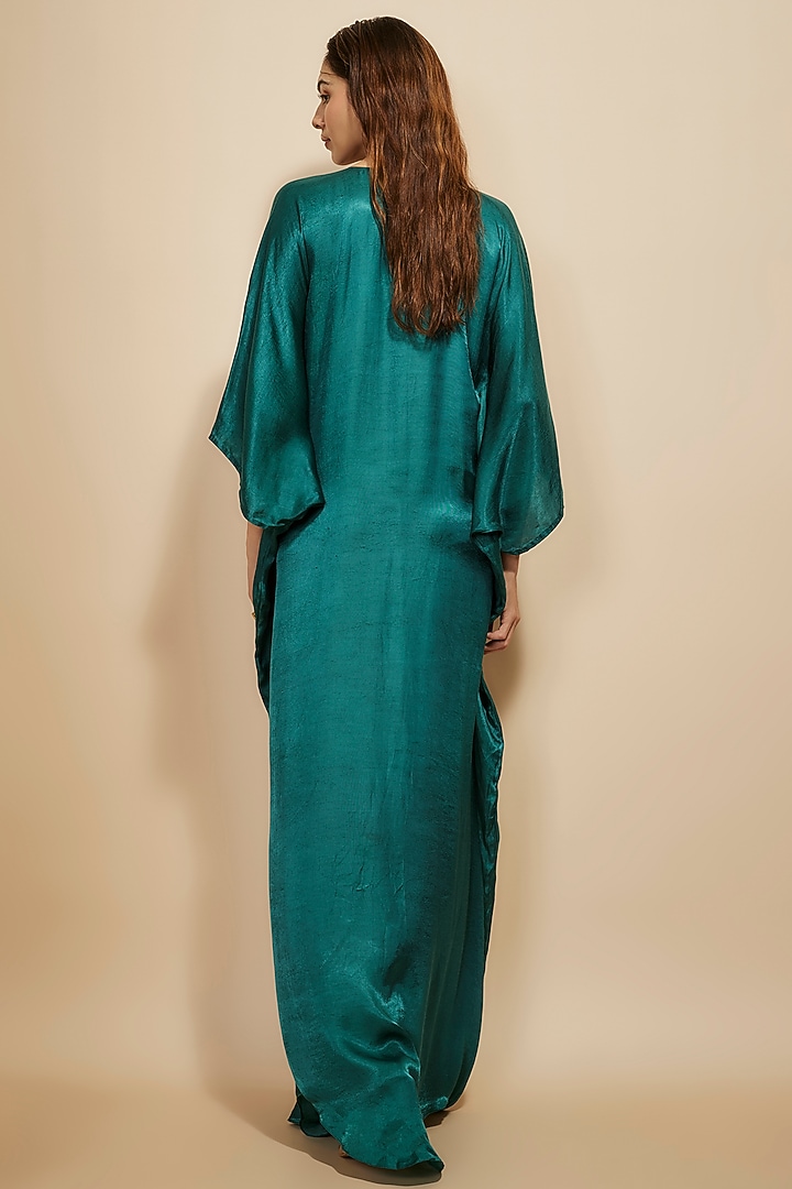 Dark Green Modal Satin Hand Embellished Kaftan by Masumi Mewawalla at Pernia's Pop Up Shop