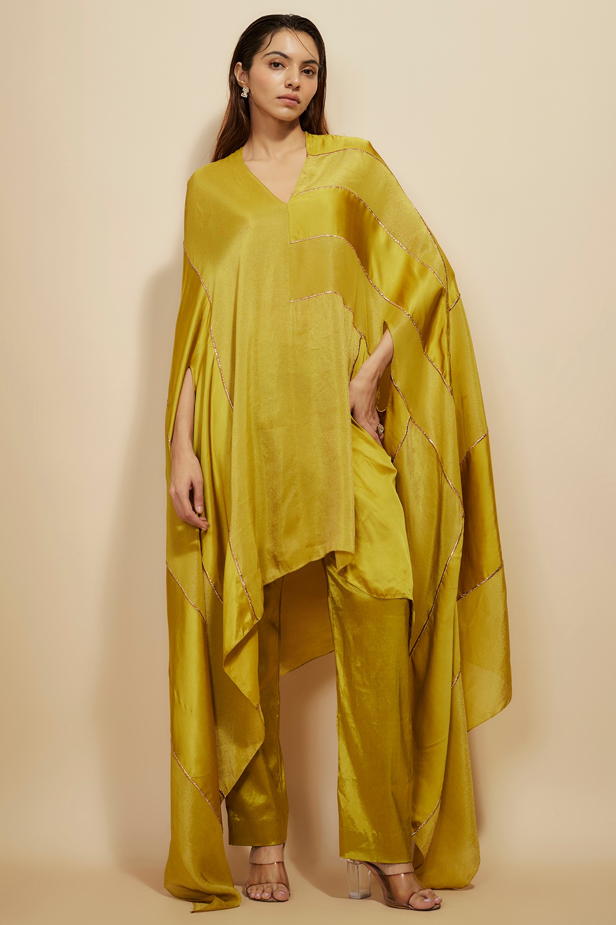 Nouriya Gold Crushed Tissue Embroidered Yoke Beyza Kaftan