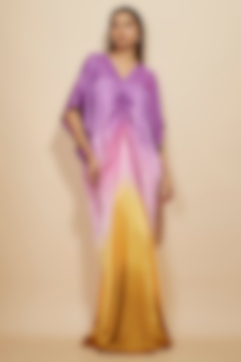 Lilac & Mustard Ombre Mashru Hand Embroidered Kaftan by Masumi Mewawalla at Pernia's Pop Up Shop