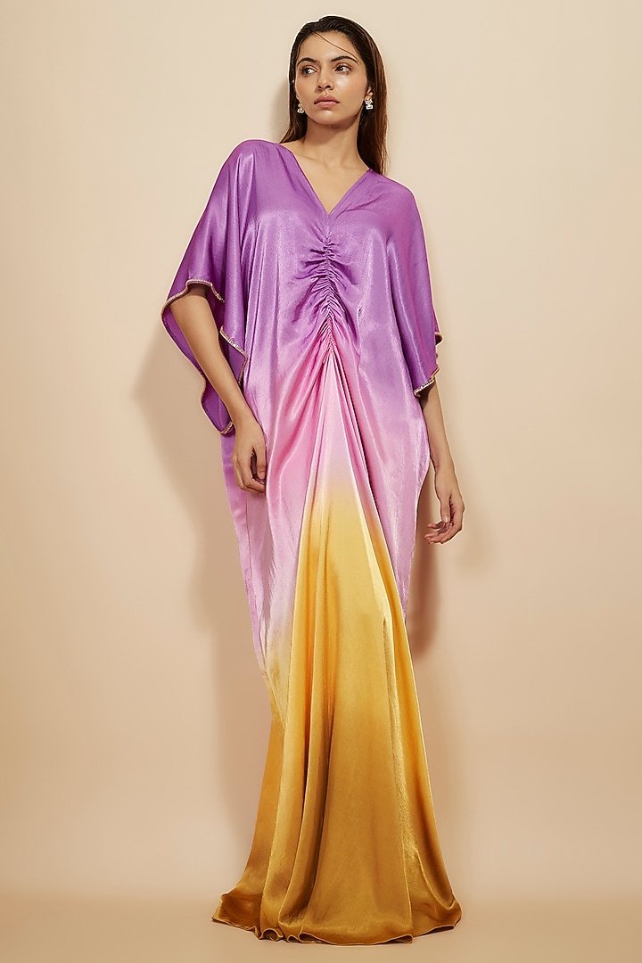 Lilac & Mustard Ombre Mashru Hand Embroidered Kaftan by Masumi Mewawalla at Pernia's Pop Up Shop
