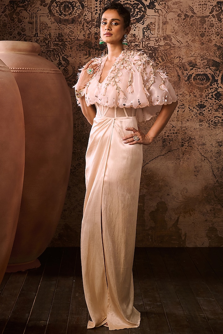 Peach Mashru & Organza Corset Engagement Gown With Embroidered Cape by MASUMI MEWAWALLA at Pernia's Pop Up Shop