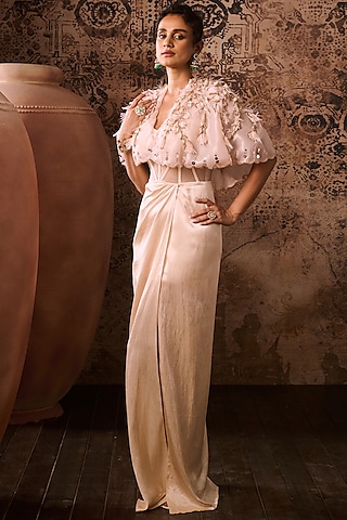 Peach Mashru & Organza Corset Gown With Embroidered Cape by MASUMI MEWAWALLA