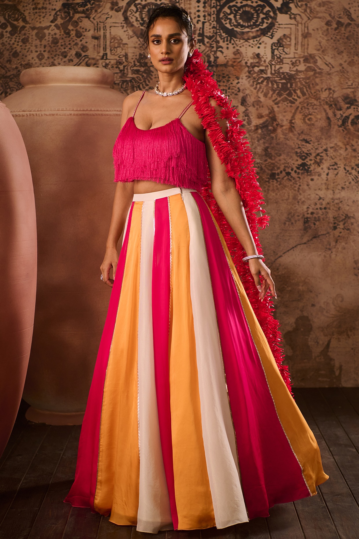MASUMI MEWAWALLA Multi-Colored Mashru & Satin Organza Hand Embroidered Lehenga Set
