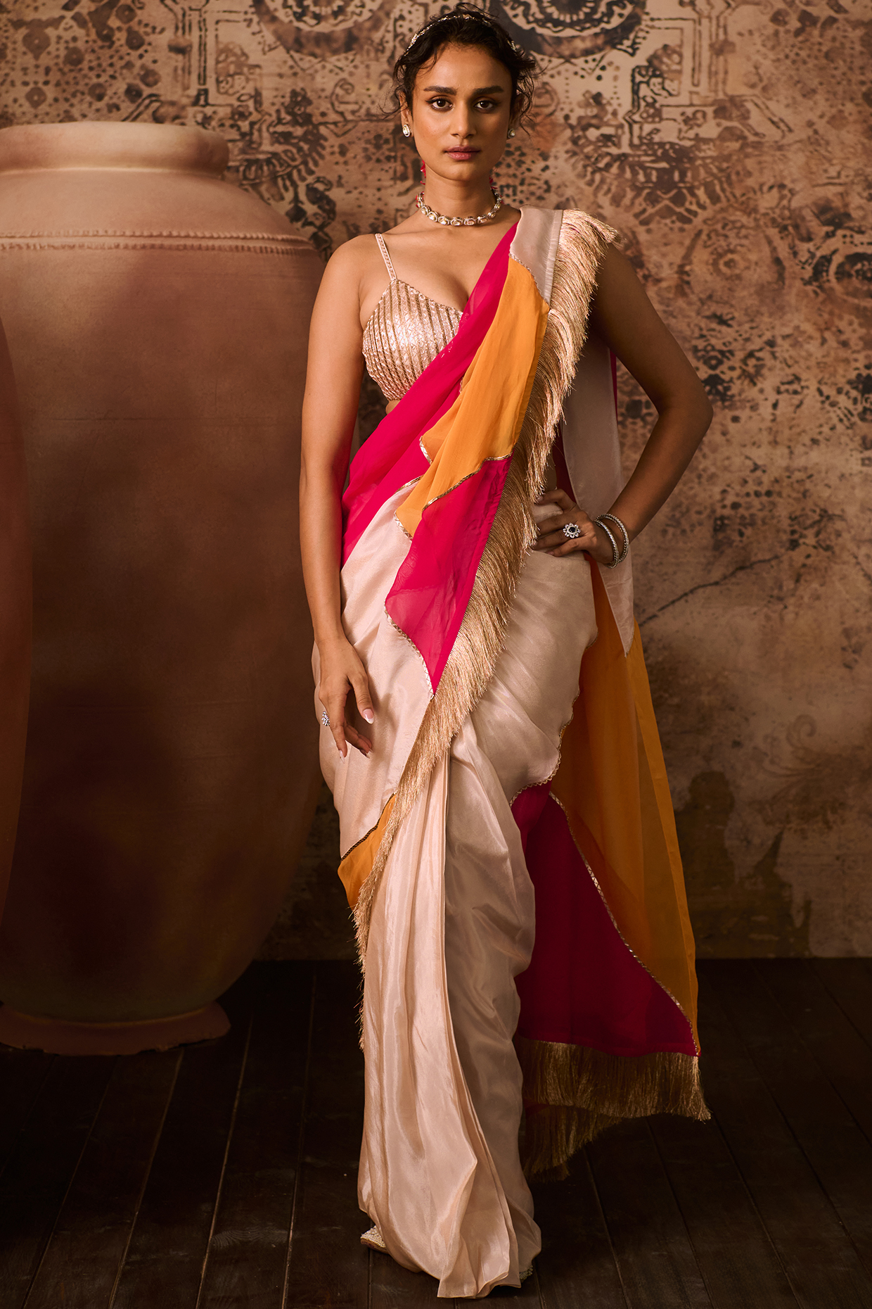 Multi-Colored Organza & Tissue Hand Embroidered Wedding Saree Set by MASUMI MEWAWALLA at Pernia's Pop Up Shop