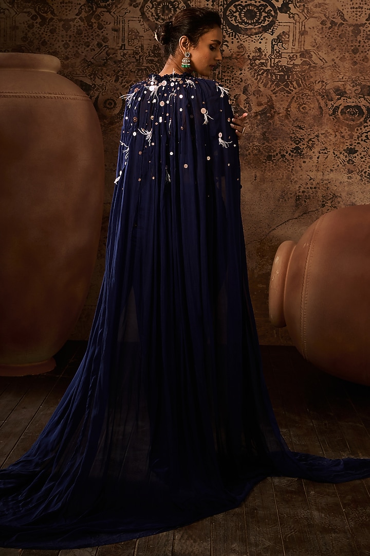 Navy Blue Mashru & Tabby Draped Skirt Set by MASUMI MEWAWALLA at Pernia's Pop Up Shop
