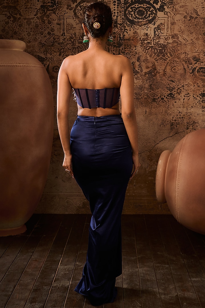 Navy Blue Mashru & Tabby Draped Skirt Set by MASUMI MEWAWALLA at Pernia's Pop Up Shop