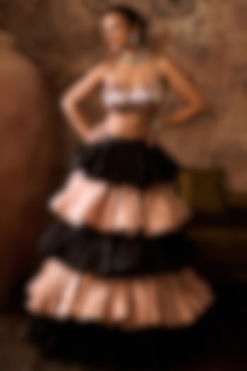 Black & Rose Gold Mashru Layered Skirt Set by MASUMI MEWAWALLA at Pernia's Pop Up Shop