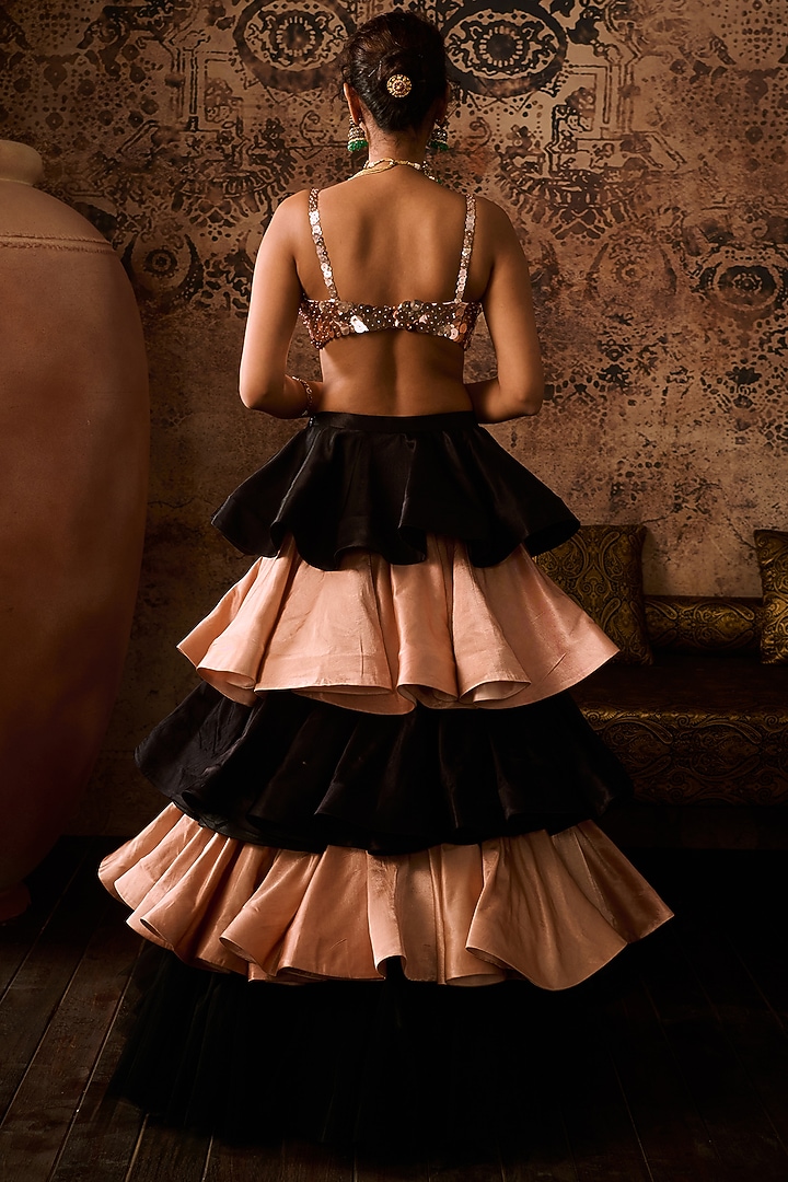 Black & Rose Gold Mashru Layered Skirt Set by MASUMI MEWAWALLA at Pernia's Pop Up Shop