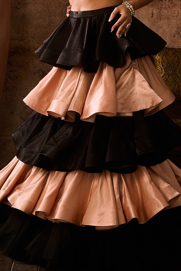 Black & Rose Gold Mashru Layered Skirt Set by MASUMI MEWAWALLA at Pernia's Pop Up Shop