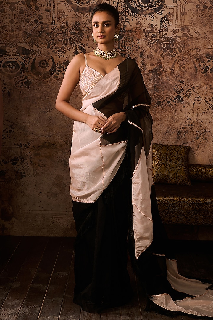 Black & Peach Organza Color Blocked Wedding Saree Set by MASUMI MEWAWALLA at Pernia's Pop Up Shop