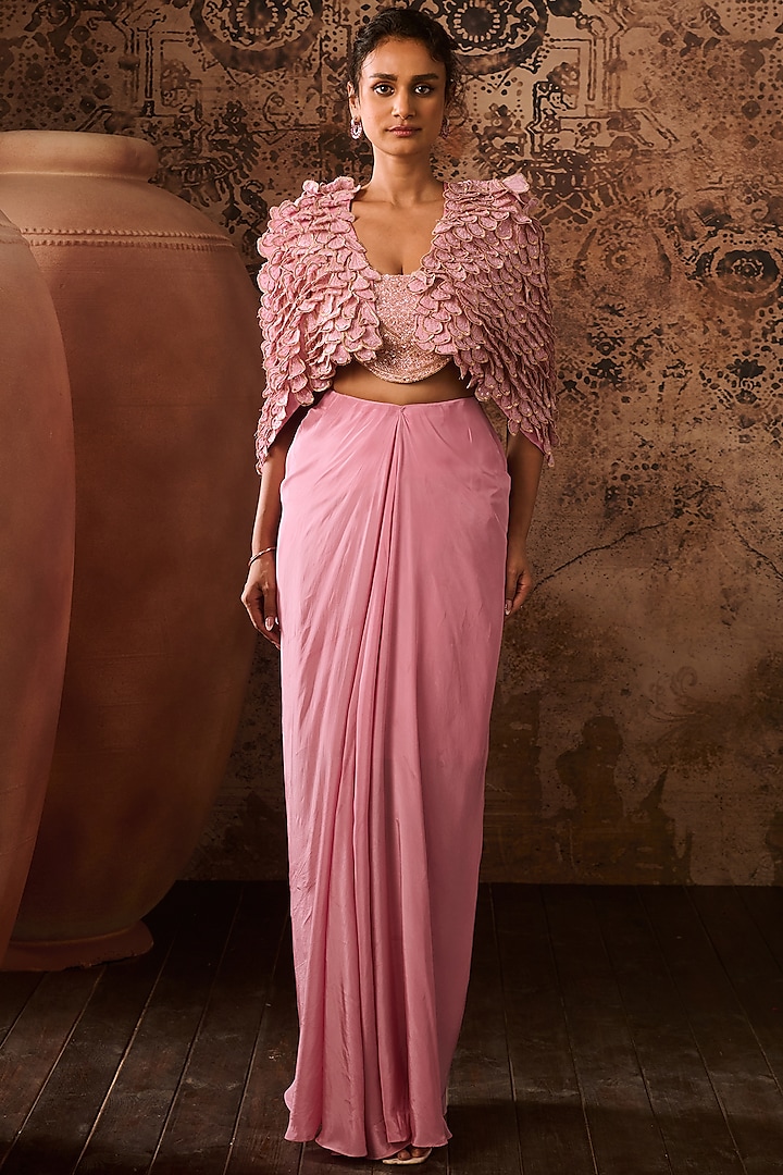 Onion Pink Mashru & Natural Crepe Draped Skirt Set by MASUMI MEWAWALLA at Pernia's Pop Up Shop