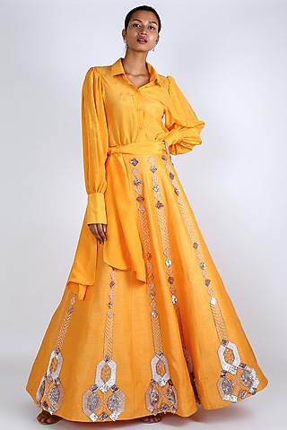 Yellow Shirt With Embroidered Skirt by MASUMI MEWAWALLA