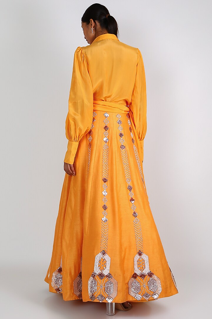 Yellow Shirt With Embroidered Skirt by MASUMI MEWAWALLA at Pernia's Pop Up Shop