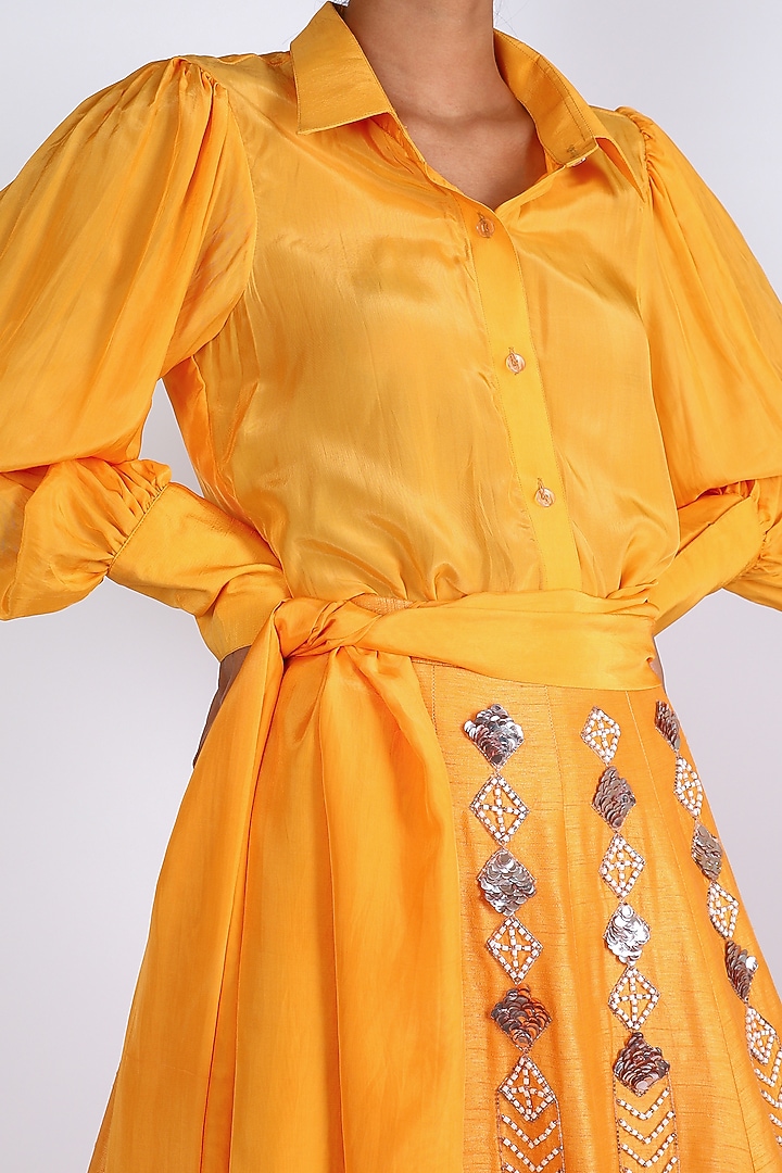 Yellow Shirt With Embroidered Skirt by MASUMI MEWAWALLA at Pernia's Pop Up Shop