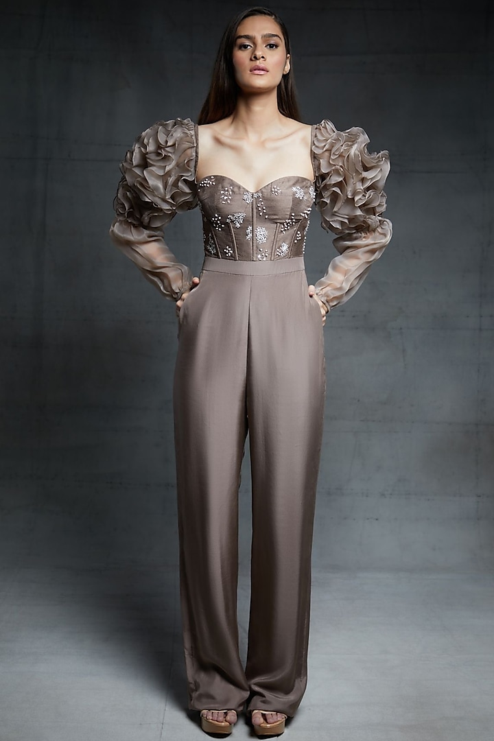 Chickoo Embroidered Jumpsuit With Ruffled Sleeves by MASUMI MEWAWALLA