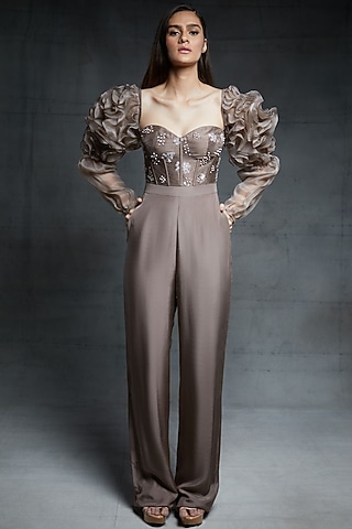 Chickoo Embroidered Jumpsuit With Ruffled Sleeves by MASUMI MEWAWALLA