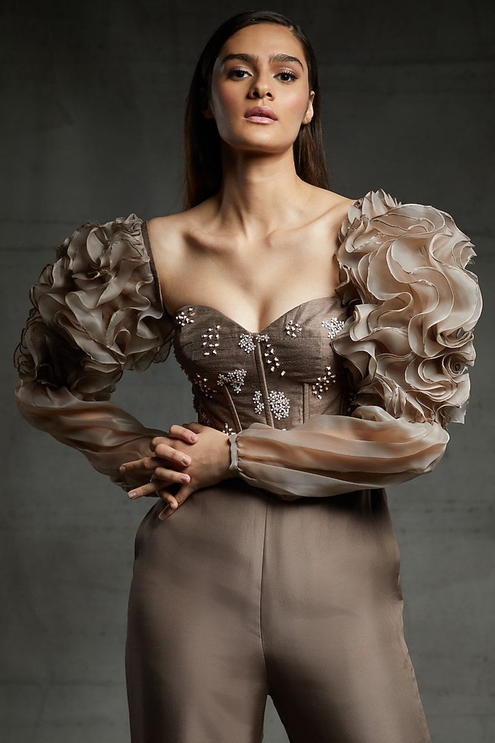Chickoo Embroidered Jumpsuit With Ruffled Sleeves by MASUMI MEWAWALLA at Pernia's Pop Up Shop