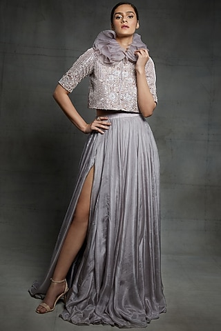 Dull Lilac Skirt With Embroidered Jacket by MASUMI MEWAWALLA