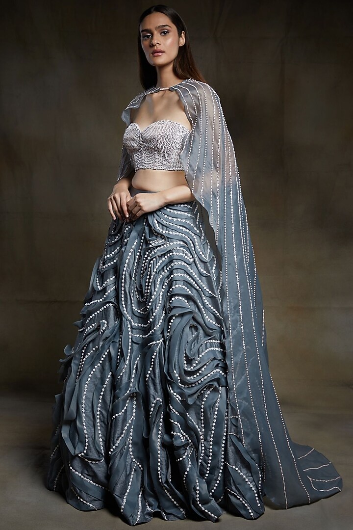 Grey Embroidered Cape Bridal Lehenga Set by MASUMI MEWAWALLA at Pernia's Pop Up Shop