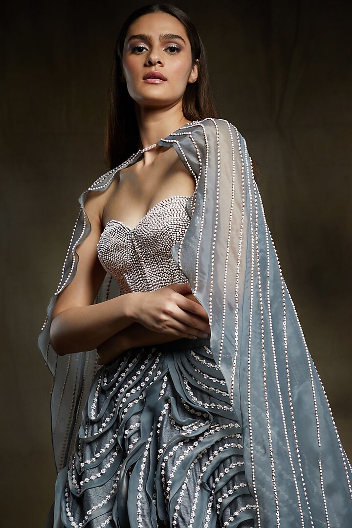 Grey Embroidered Cape Bridal Lehenga Set by MASUMI MEWAWALLA at Pernia's Pop Up Shop