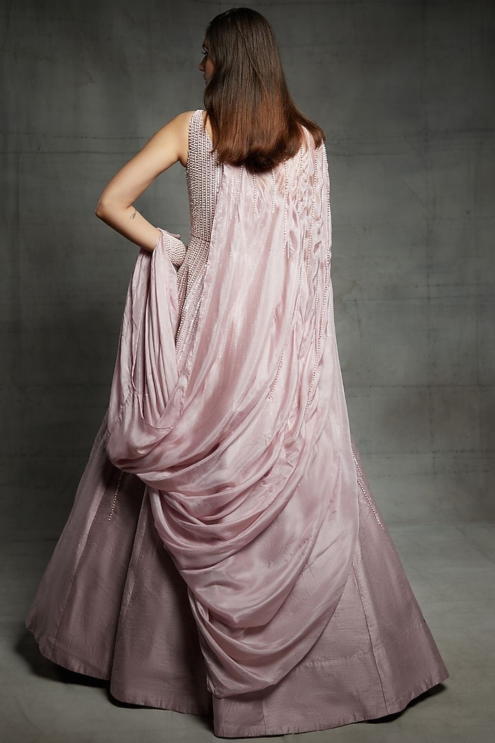 Pink Embroidered Wedding Gown With Cape by MASUMI MEWAWALLA at Pernia's Pop Up Shop
