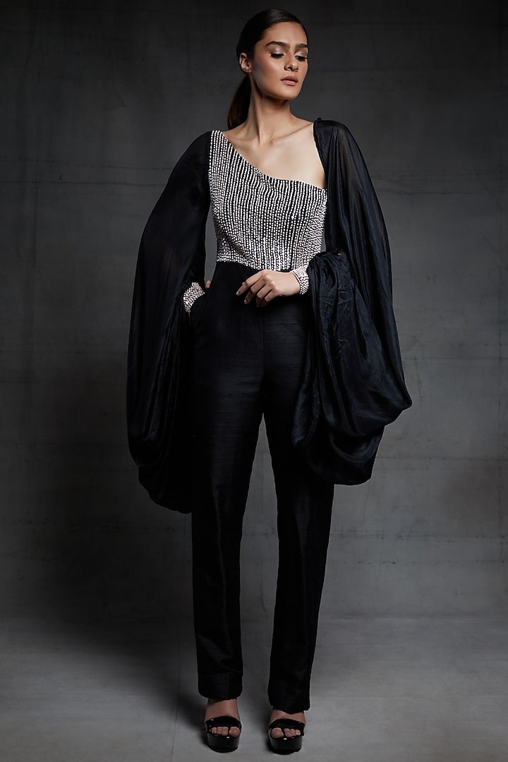 Black Embroidered Jumpsuit With Puffed Sleeves by MASUMI MEWAWALLA