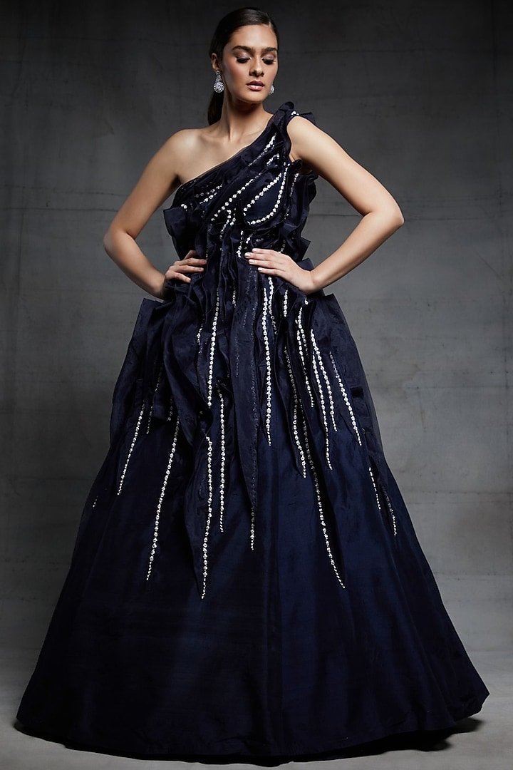 Midnight Blue Embroidered Gown by MASUMI MEWAWALLA