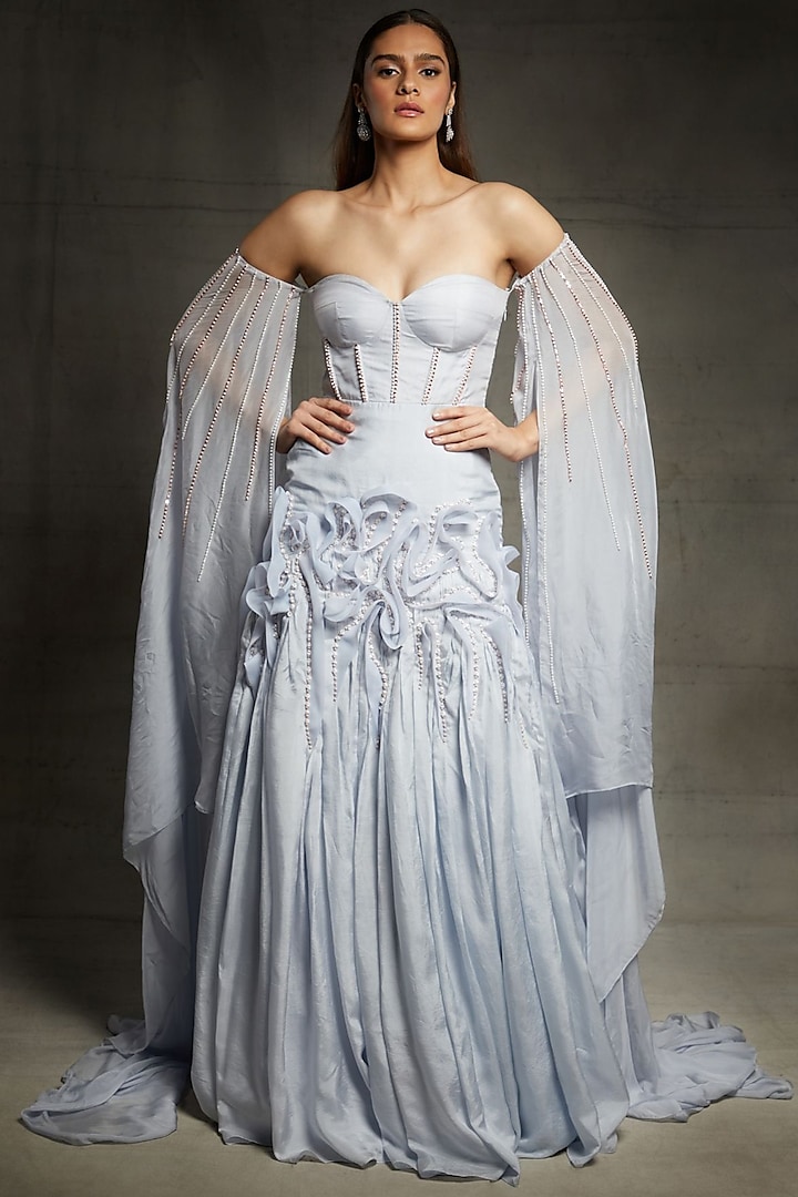 Lilac Blue Embroidered Gown by MASUMI MEWAWALLA