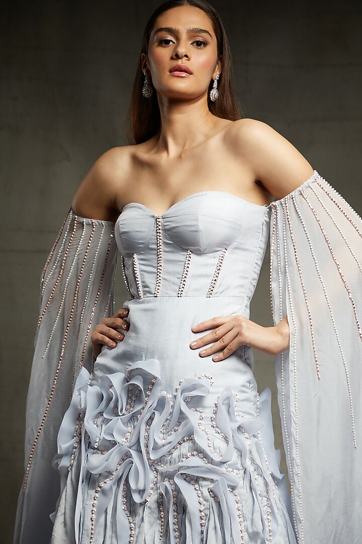 Lilac Blue Embroidered Engagement Gown by MASUMI MEWAWALLA at Pernia's Pop Up Shop