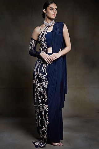 Midnight Blue Dupion Silk & Organza Bead Embroidered Saree Set by MASUMI MEWAWALLA