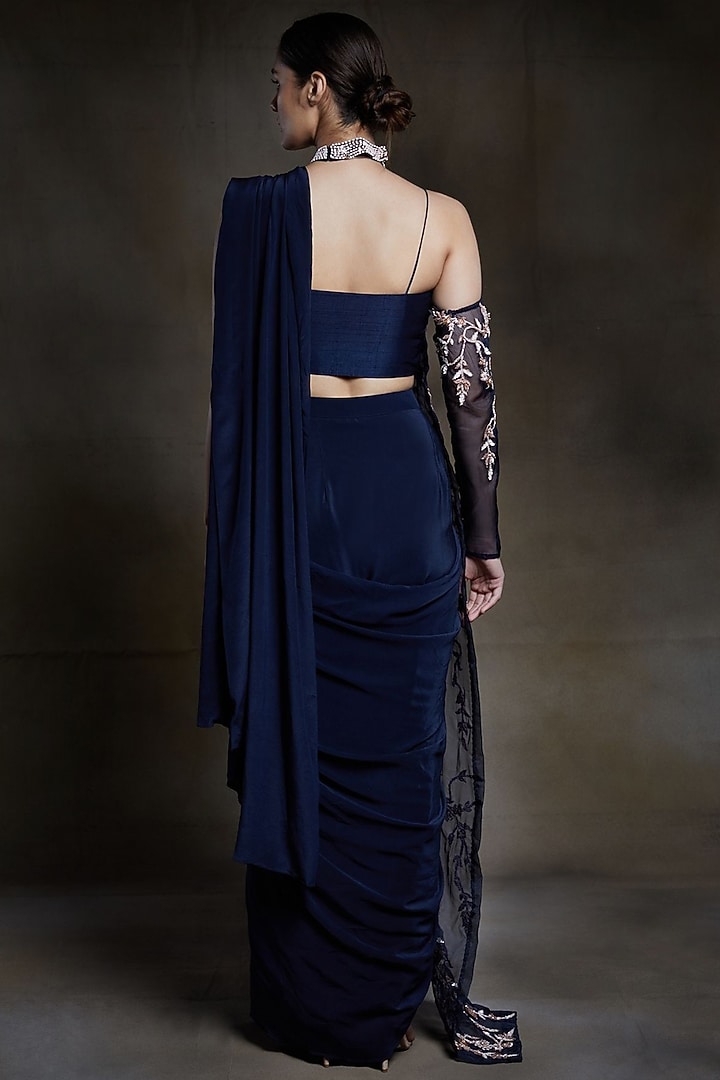 Midnight Blue Dupion Silk & Organza Bead Embroidered Wedding Saree Set by MASUMI MEWAWALLA at Pernia's Pop Up Shop