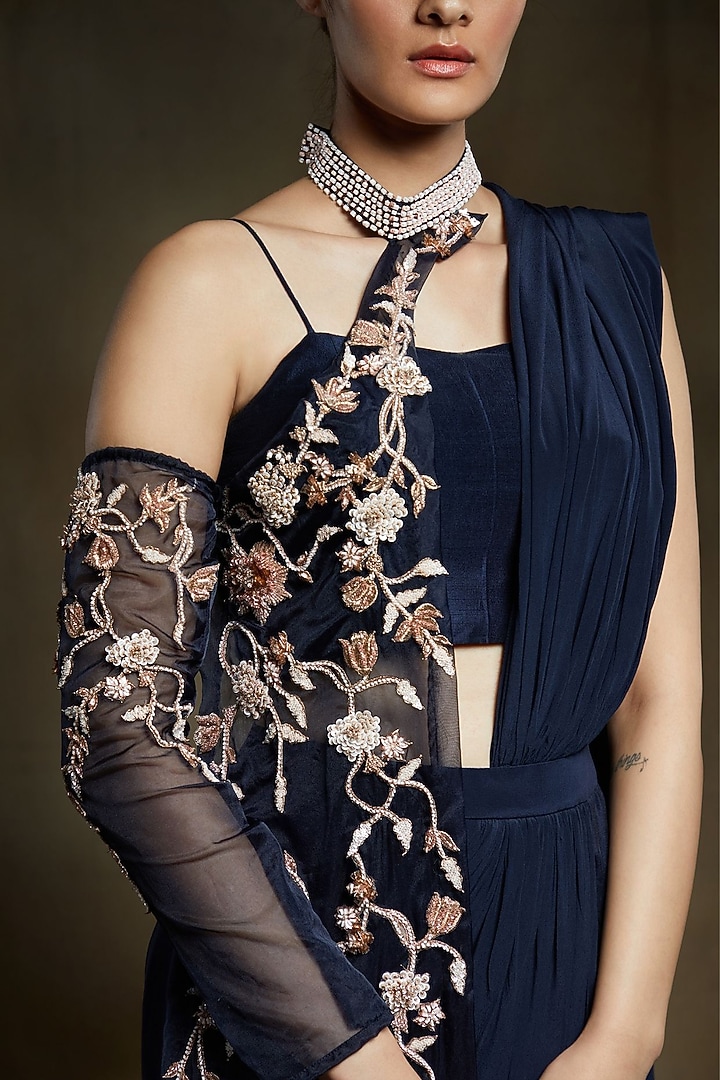 Midnight Blue Dupion Silk & Organza Bead Embroidered Wedding Saree Set by MASUMI MEWAWALLA at Pernia's Pop Up Shop