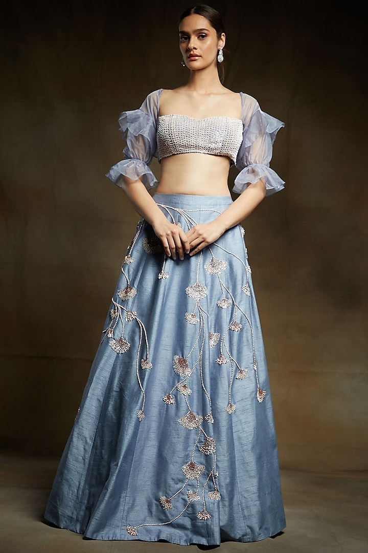 Lilac Blue Lehenga Set by MASUMI MEWAWALLA