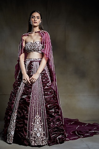 Wine Embroidered Bridal Lehenga Set by MASUMI MEWAWALLA