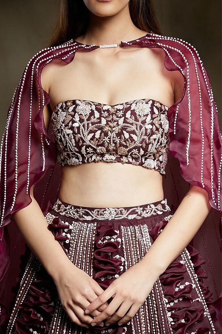 Wine Embroidered Bridal Bridal Lehenga Set by MASUMI MEWAWALLA at Pernia's Pop Up Shop