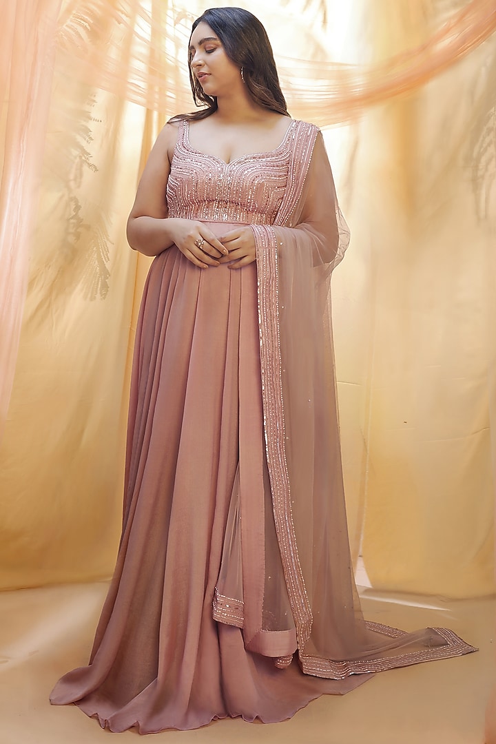 Rose Gold Hand Embroidered Wedding Anarkali Set by MASUMI MEWAWALLA at Pernia's Pop Up Shop