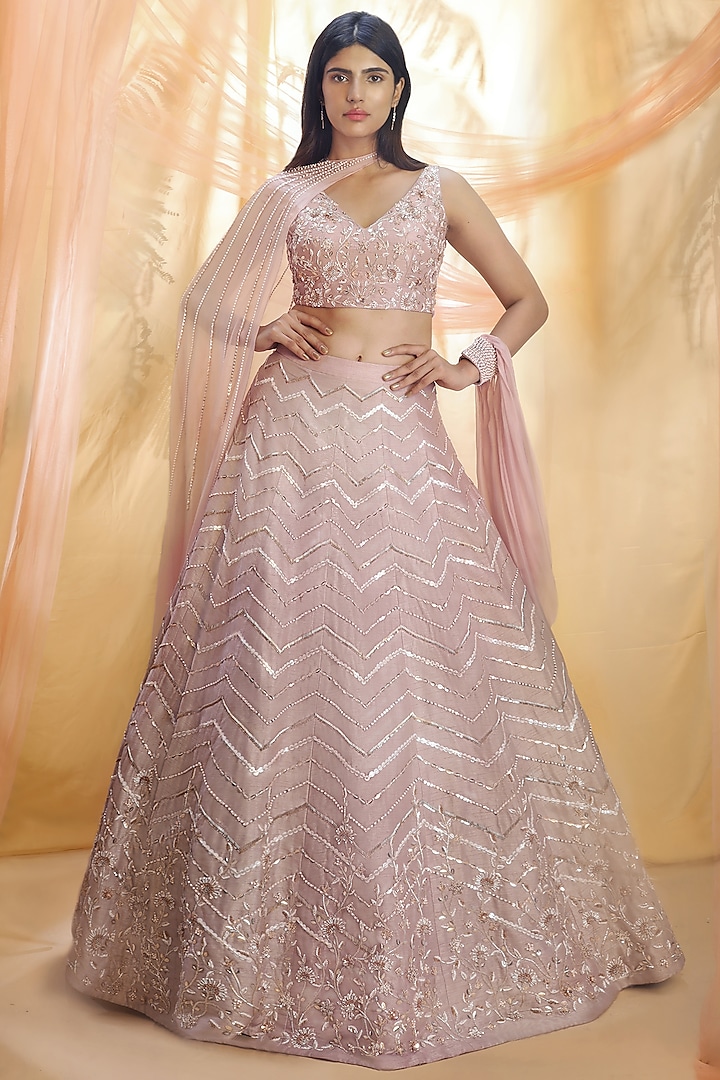 Dusted Lilac Hand Embroidered Wedding Lehenga Set by MASUMI MEWAWALLA at Pernia's Pop Up Shop