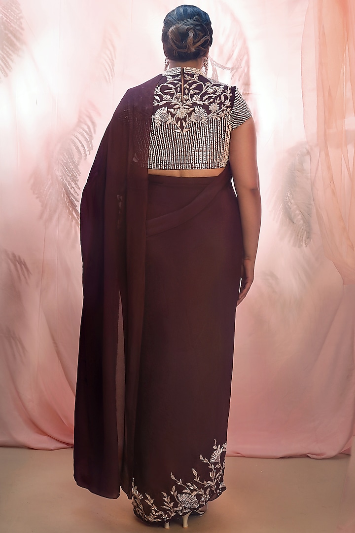 Wine Crepe & Silk Hand Embroidered Wedding Saree Set by MASUMI MEWAWALLA at Pernia's Pop Up Shop
