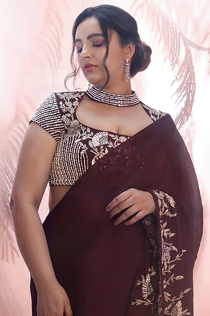 Wine Crepe & Silk Hand Embroidered Wedding Saree Set by MASUMI MEWAWALLA at Pernia's Pop Up Shop
