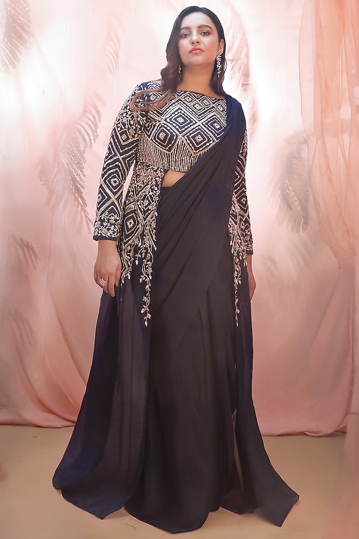 Navy Blue Draped Wedding Saree Set by MASUMI MEWAWALLA at Pernia's Pop Up Shop