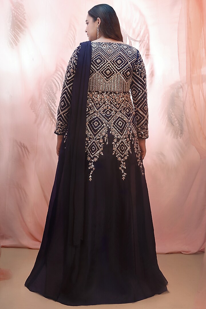 Navy Blue Draped Wedding Saree Set by MASUMI MEWAWALLA at Pernia's Pop Up Shop