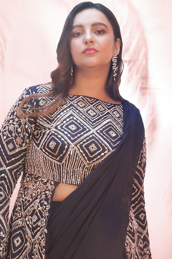 Navy Blue Draped Wedding Saree Set by MASUMI MEWAWALLA at Pernia's Pop Up Shop