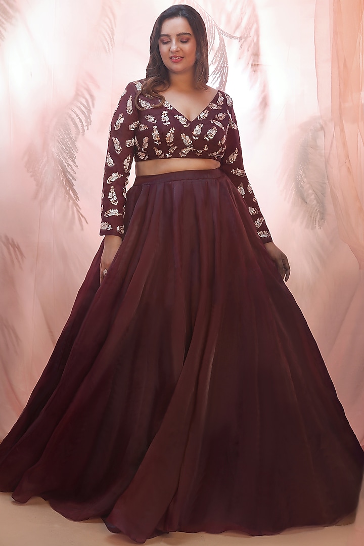 Wine Organza Wedding Lehenga Set by MASUMI MEWAWALLA at Pernia's Pop Up Shop